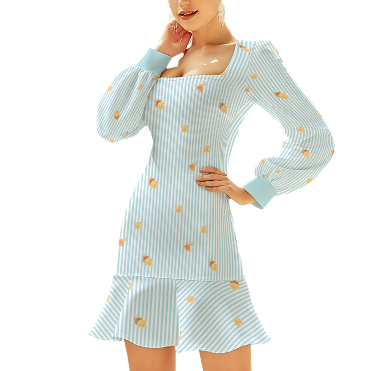Light Blue Citrus Stripe Women's Ruffle Hem Skinny Dress