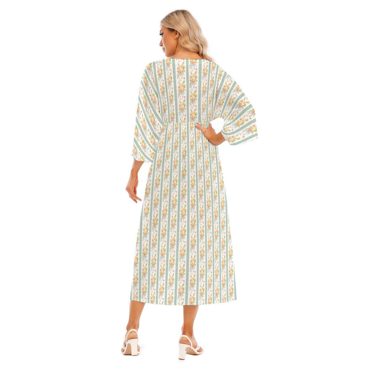 Vintage Orange Stripe Women's Mid-Sleeve Long Dress