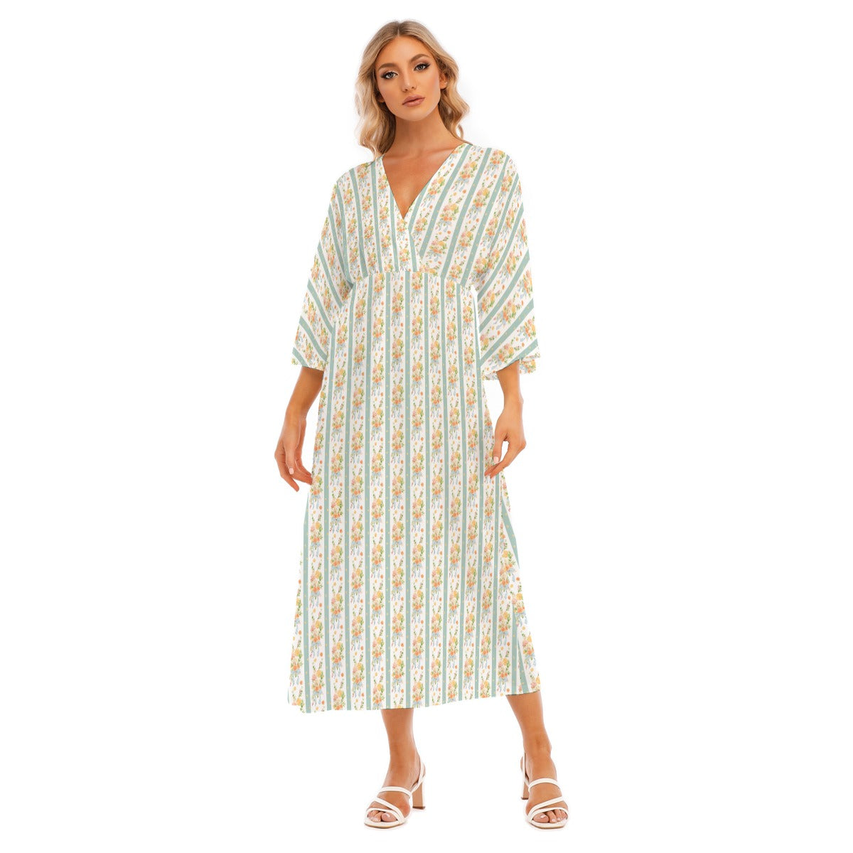 Vintage Orange Stripe Women's Mid-Sleeve Long Dress