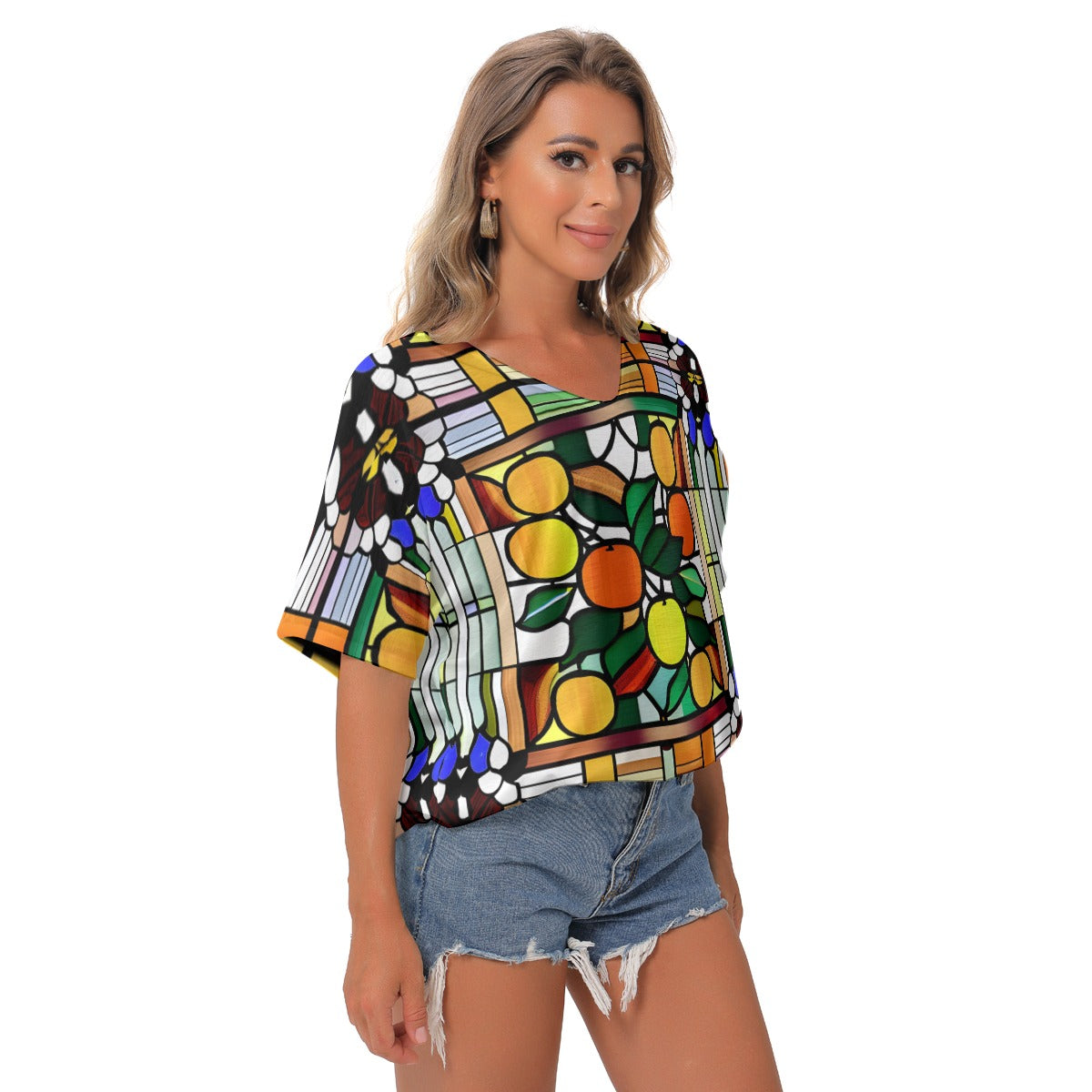Citrus Stained Glass Women's Bat Sleeves V-Neck Blouse