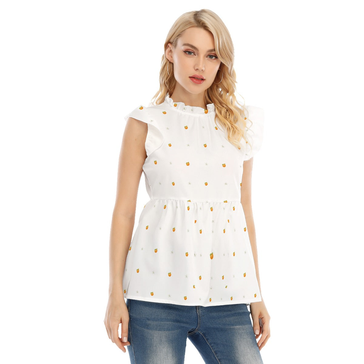 Orange Blossoms Women's Blouse With Lotus Leaf Lace