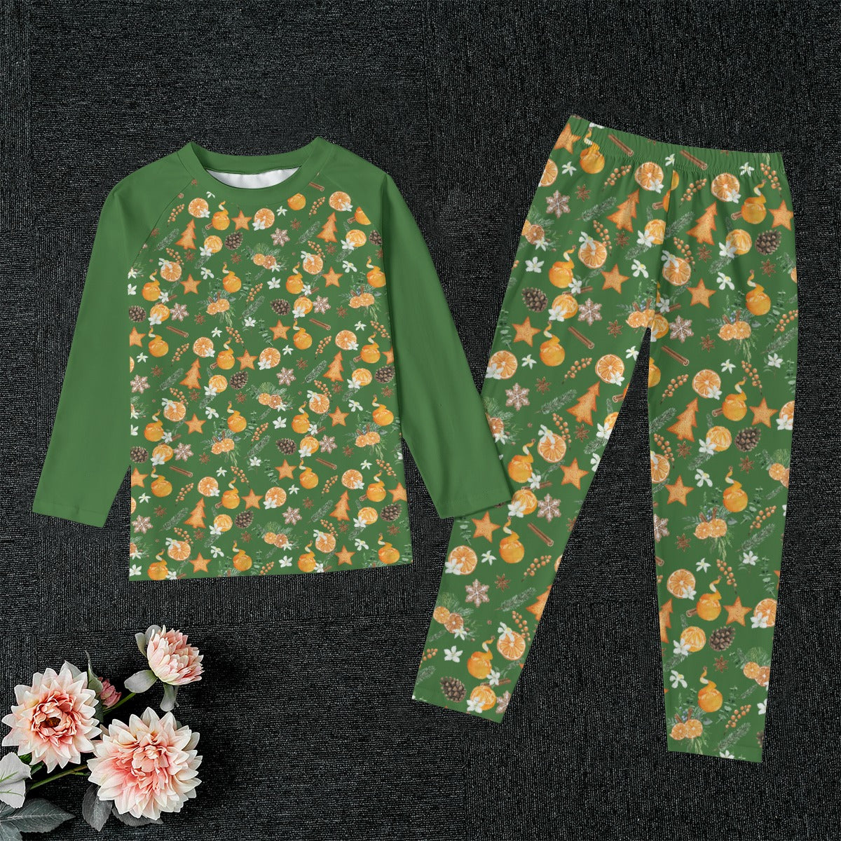 Christmas Citrus Kid's Pajamas - Dark Green