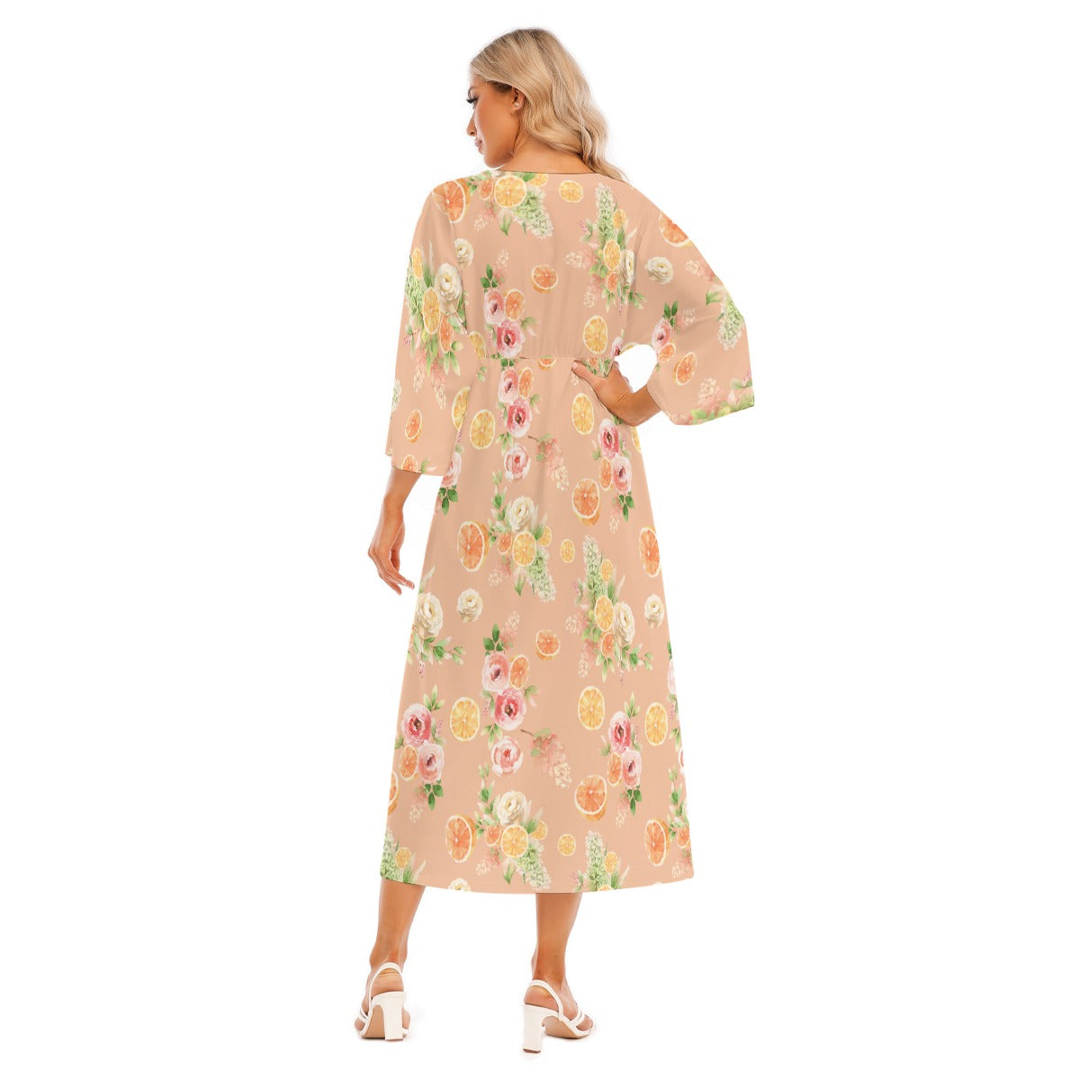 Spring Floral Oranges Women's Mid-Sleeve Long Dress in Peach