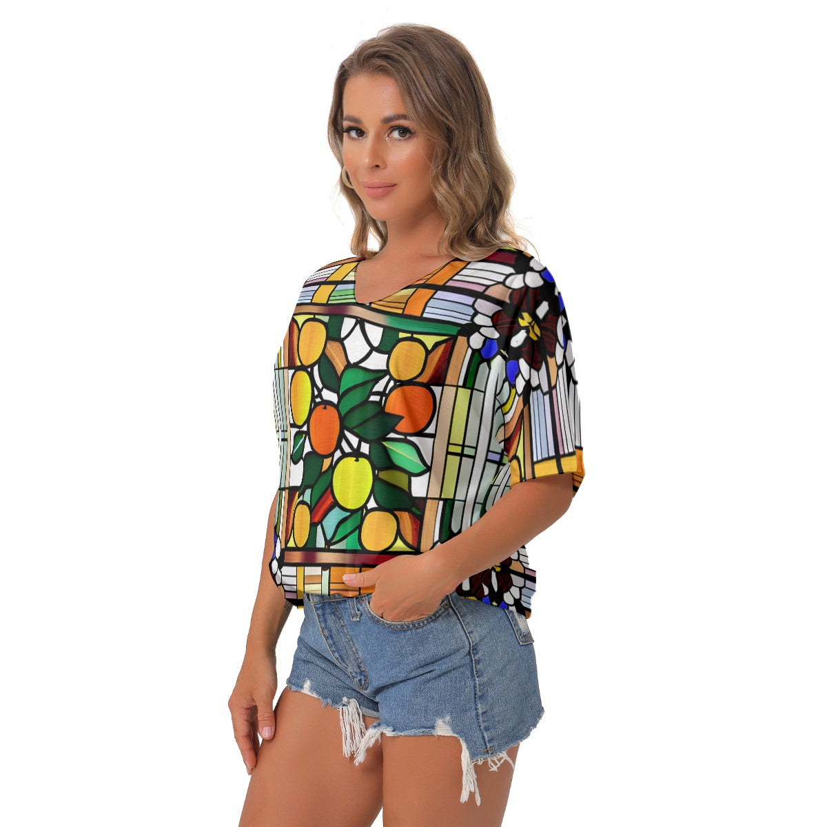 Citrus Stained Glass Women's Bat Sleeves V-Neck Blouse