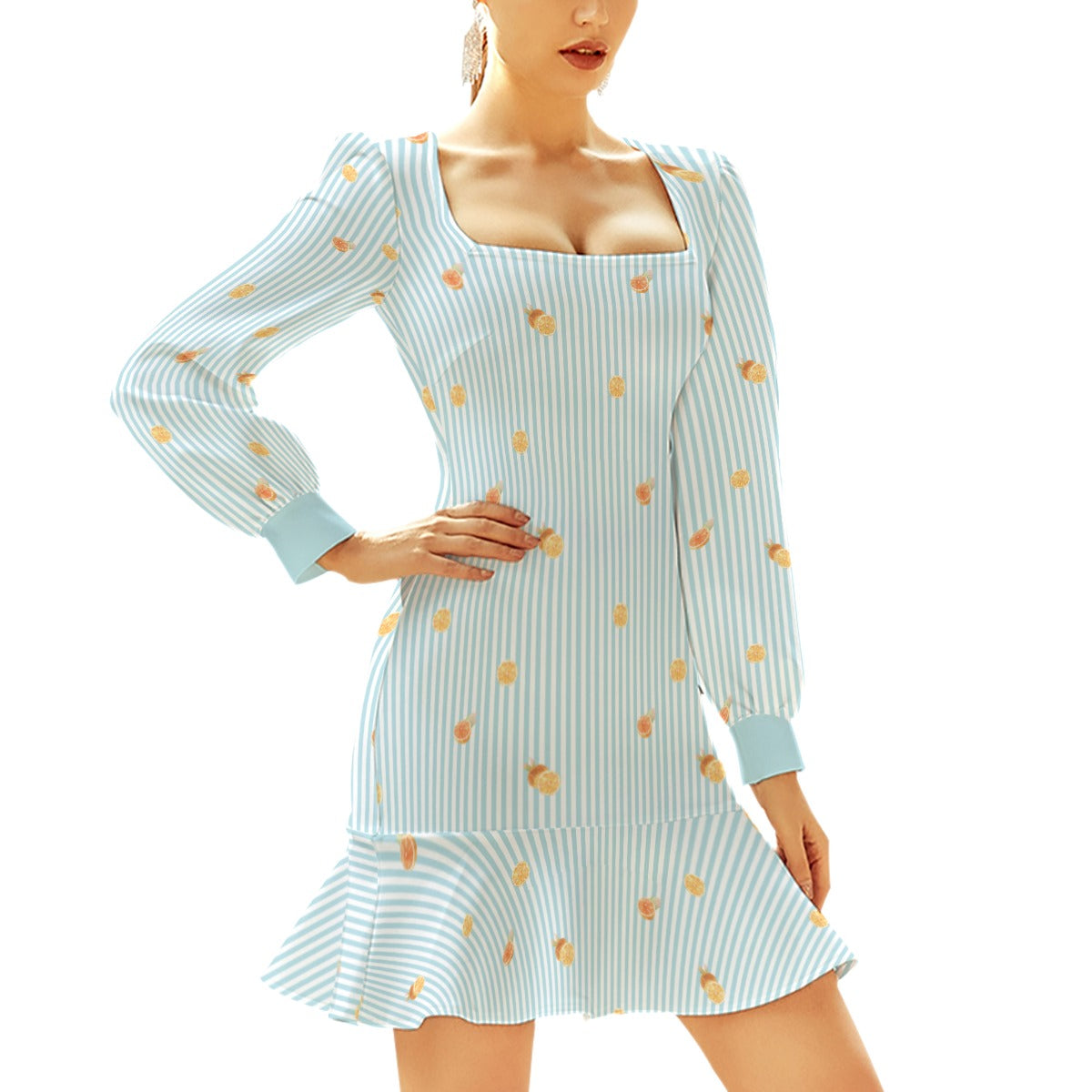 Light Blue Citrus Stripe Women's Ruffle Hem Skinny Dress