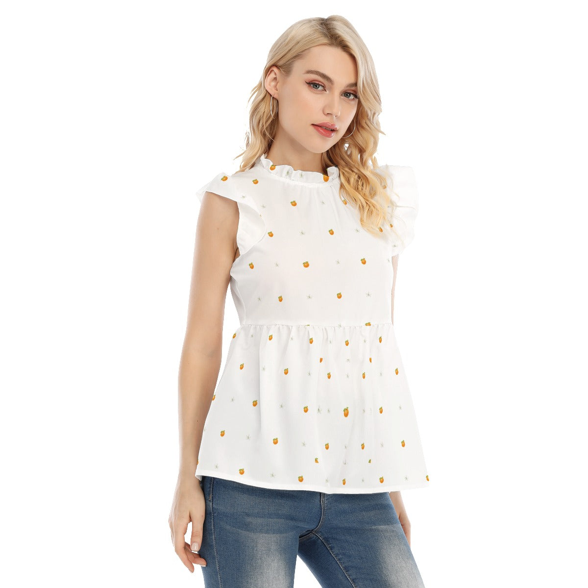 Orange Blossoms Women's Blouse With Lotus Leaf Lace