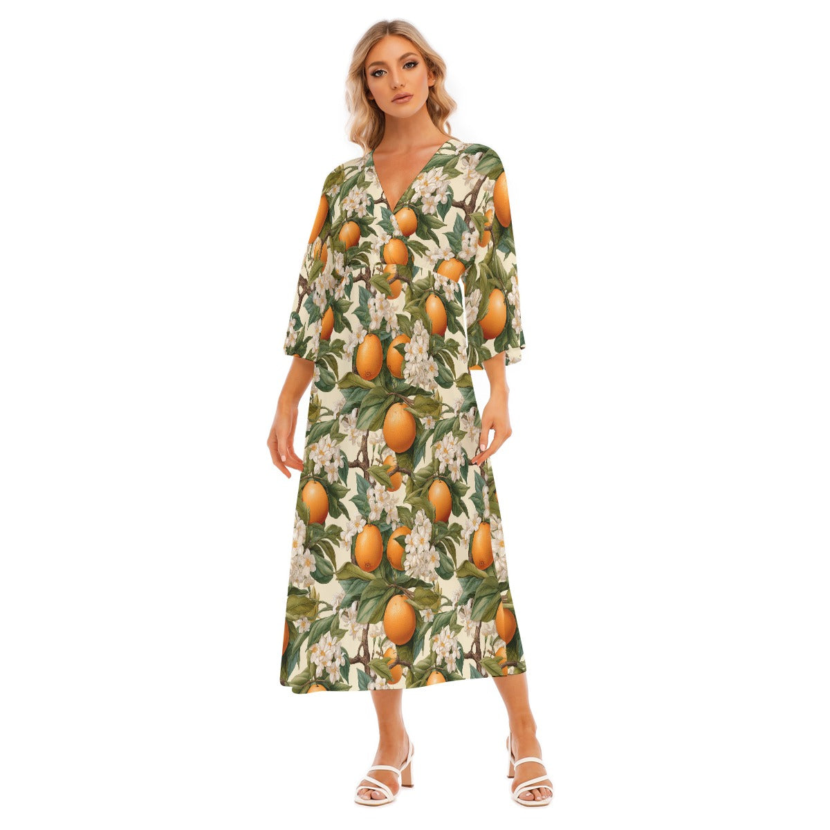 Botanical Citrus Women's Mid-Sleeve Long Dress