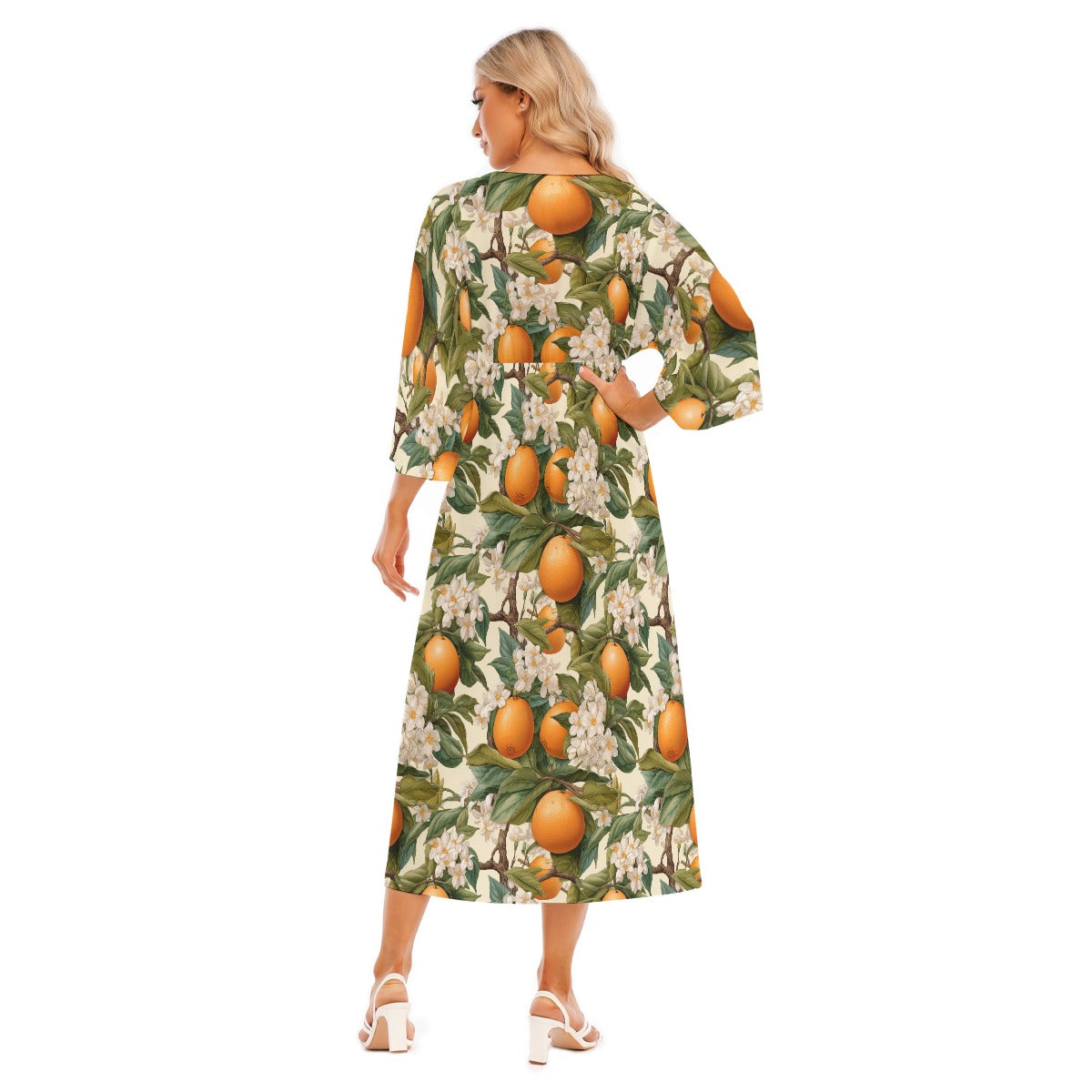 Botanical Citrus Women's Mid-Sleeve Long Dress