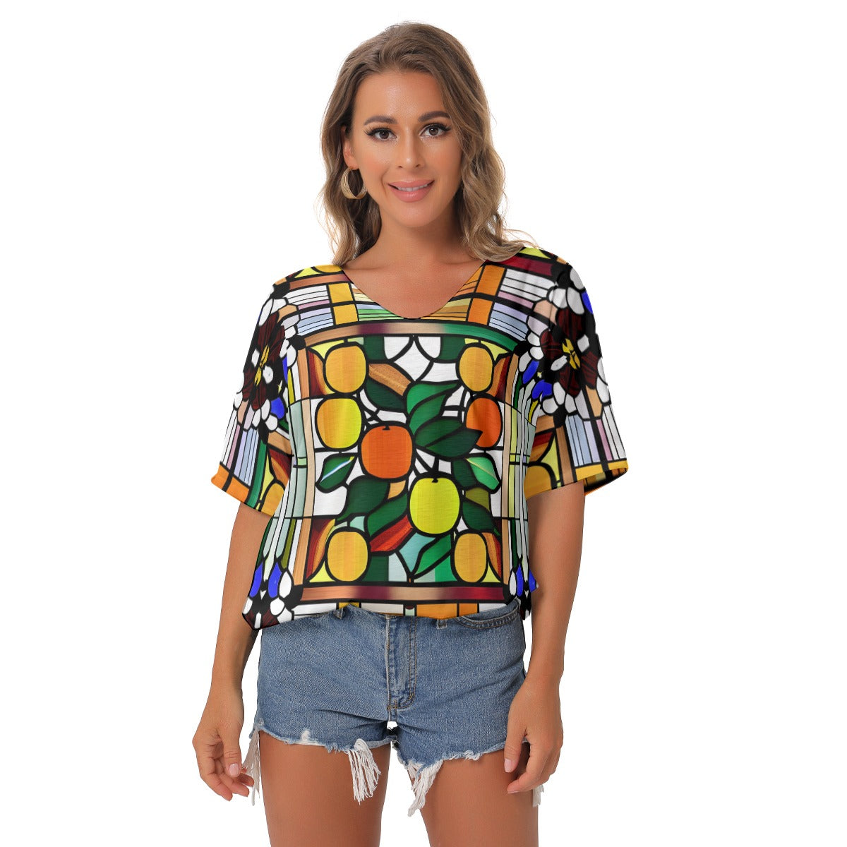 Citrus Stained Glass Women's Bat Sleeves V-Neck Blouse