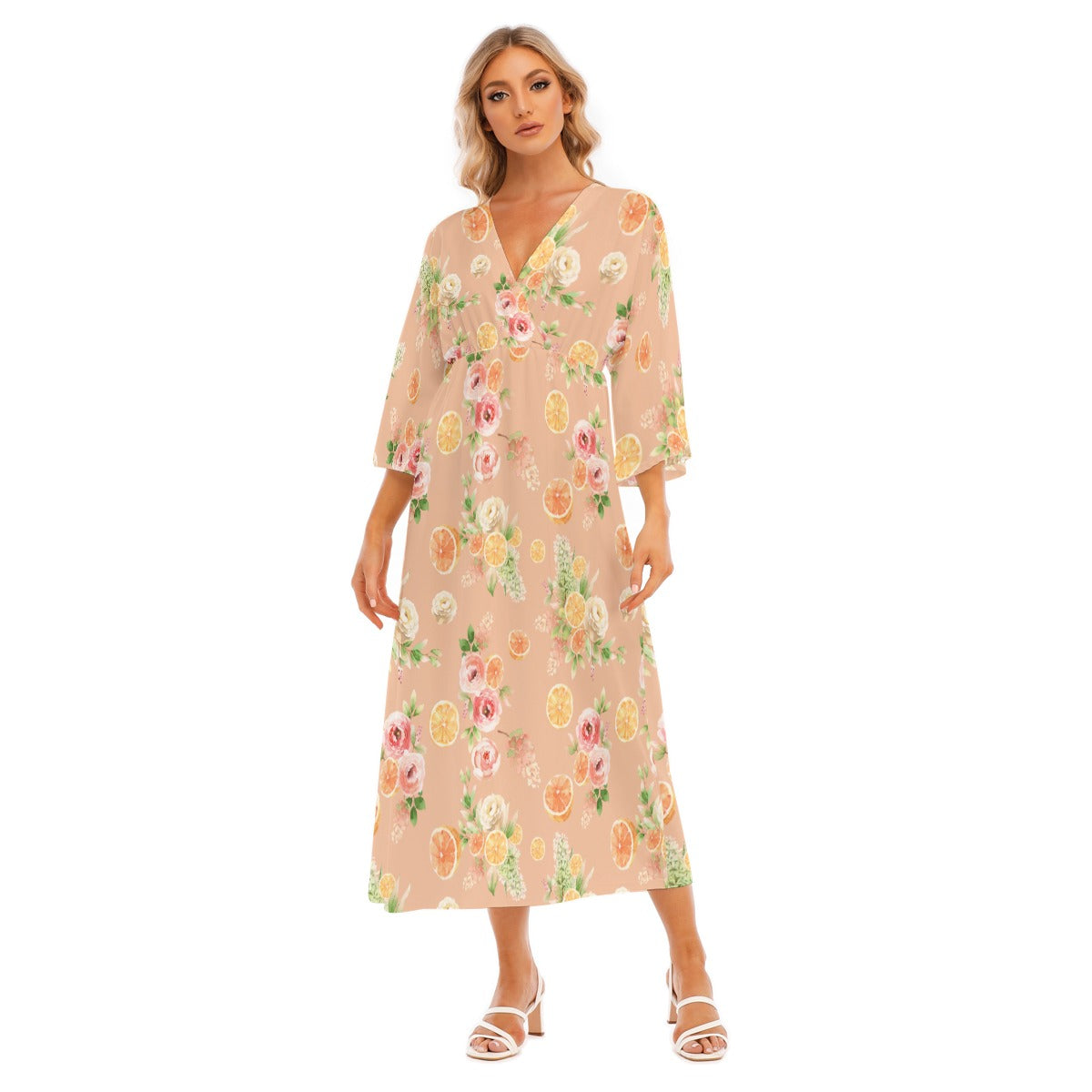Spring Floral Oranges Women's Mid-Sleeve Long Dress in Peach