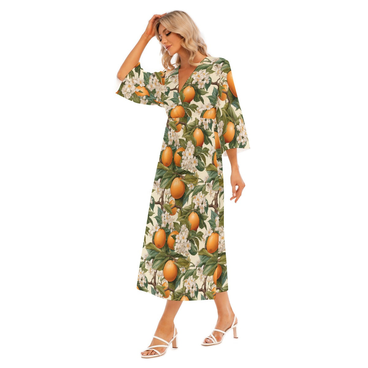 Botanical Citrus Women's Mid-Sleeve Long Dress