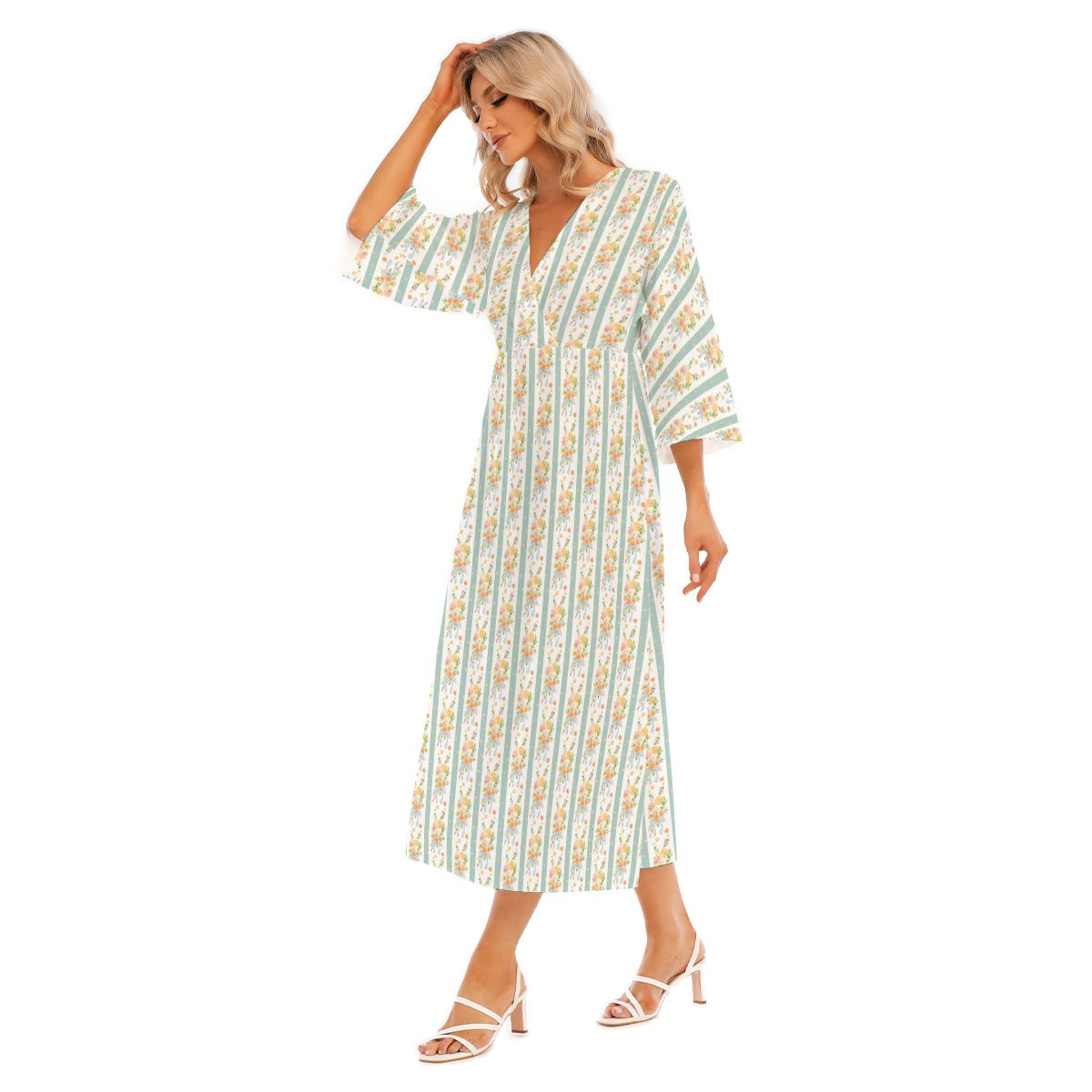 Vintage Orange Stripe Women's Mid-Sleeve Long Dress