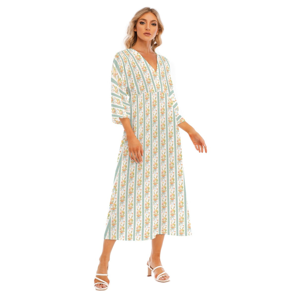 Vintage Orange Stripe Women's Mid-Sleeve Long Dress