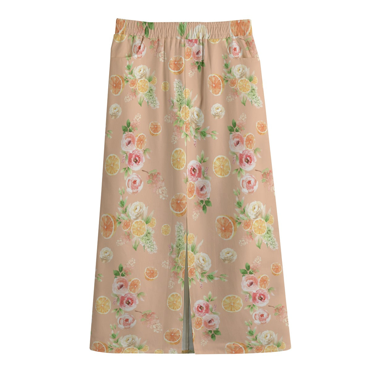 Spring Orange Floral Women's Cotton Skirt with Pockets