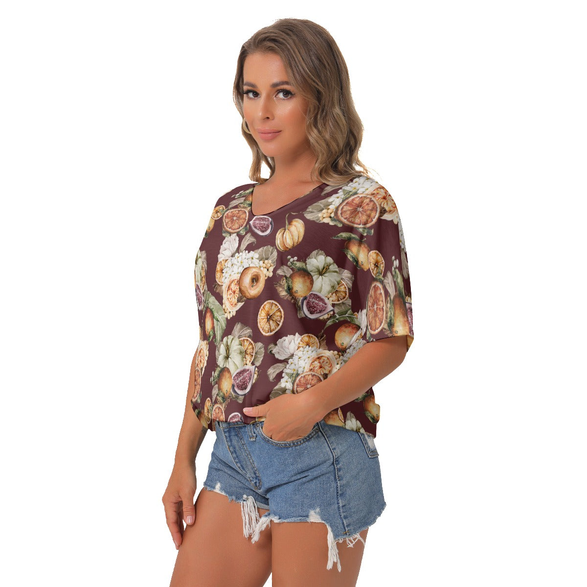 Miss Old Towne Orange Women's Bat Sleeves V-Neck Blouse