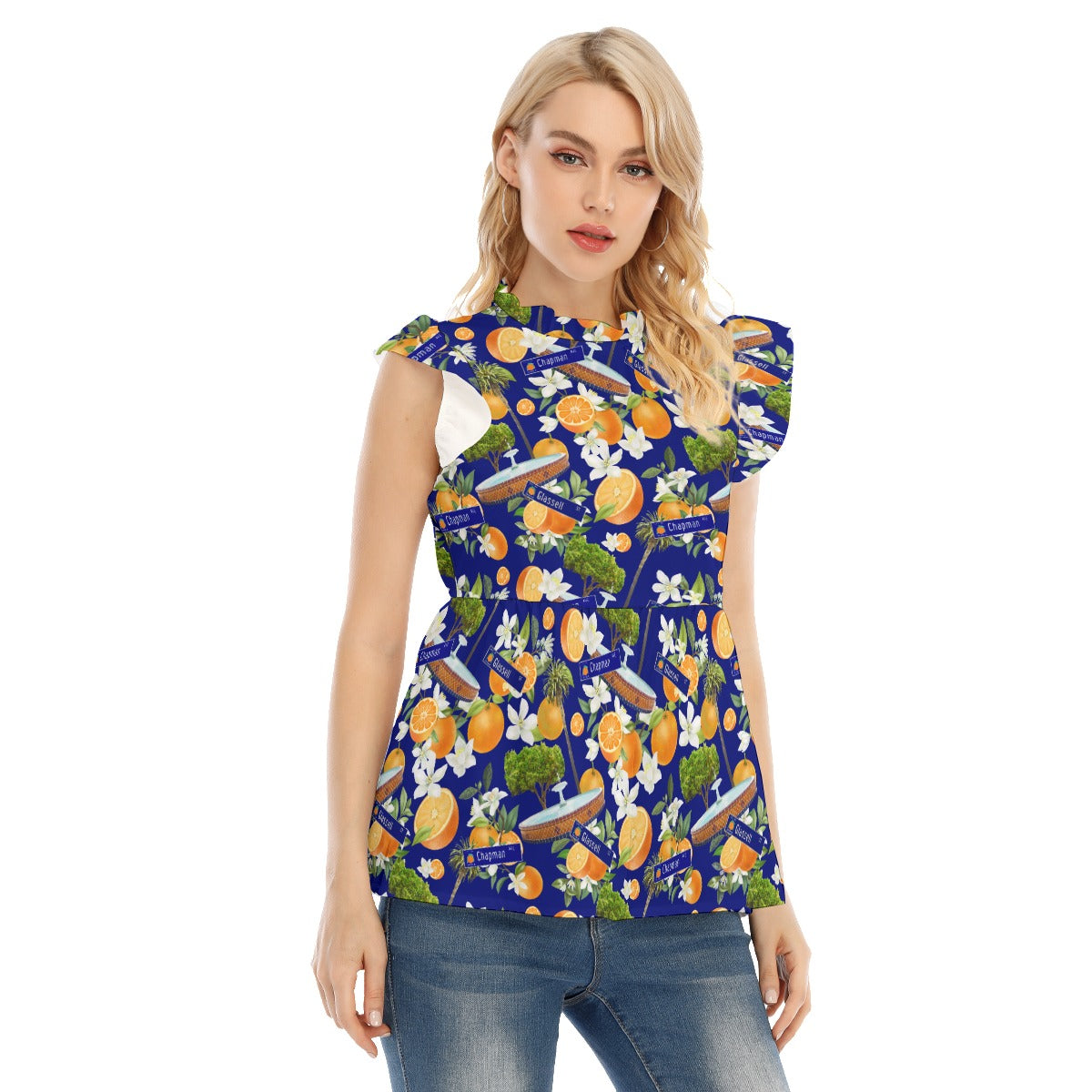 Old Towne Orange Women's Blouse With Lotus Leaf Lace