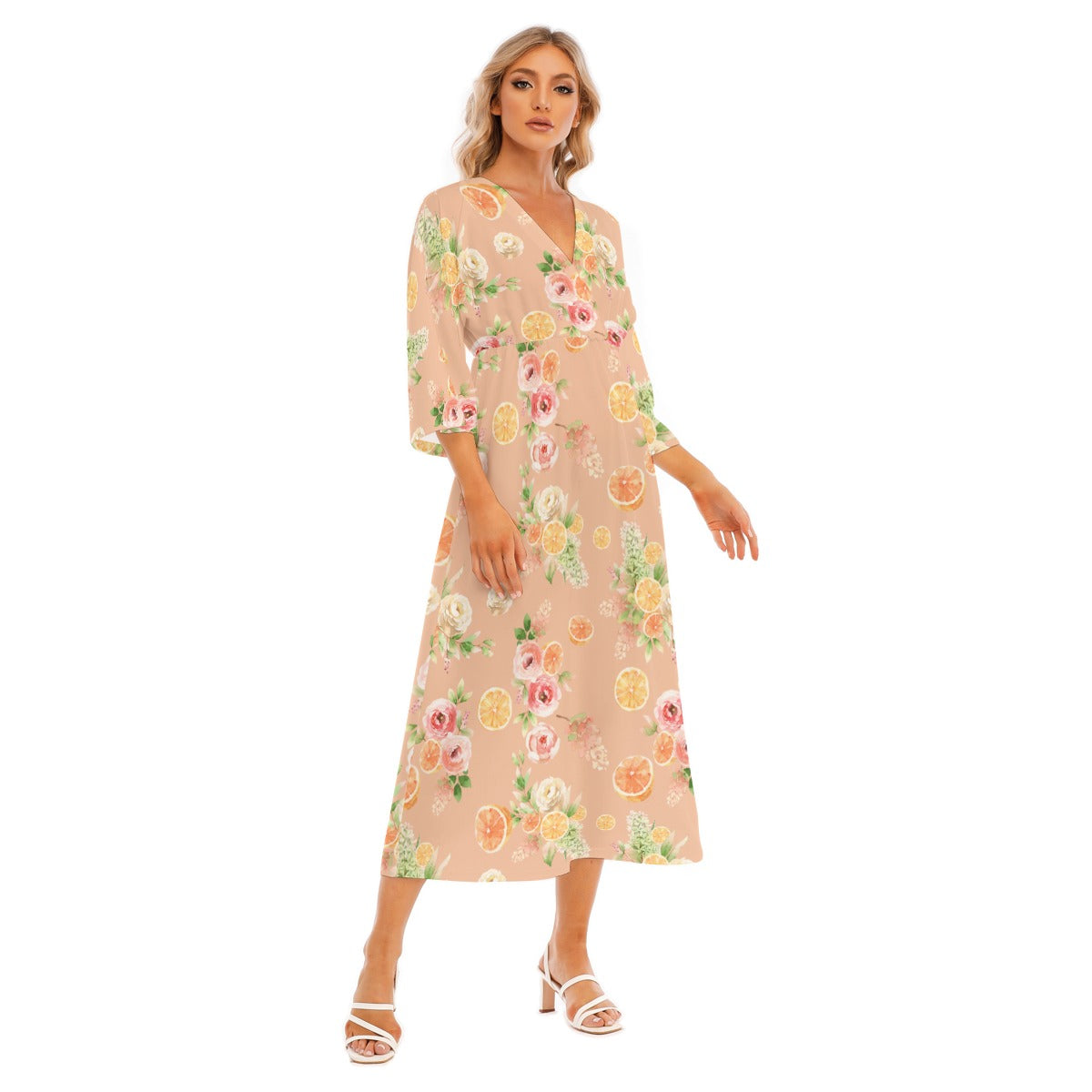 Spring Floral Oranges Women's Mid-Sleeve Long Dress in Peach