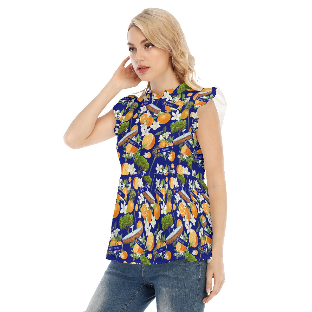 Old Towne Orange Women's Blouse With Lotus Leaf Lace