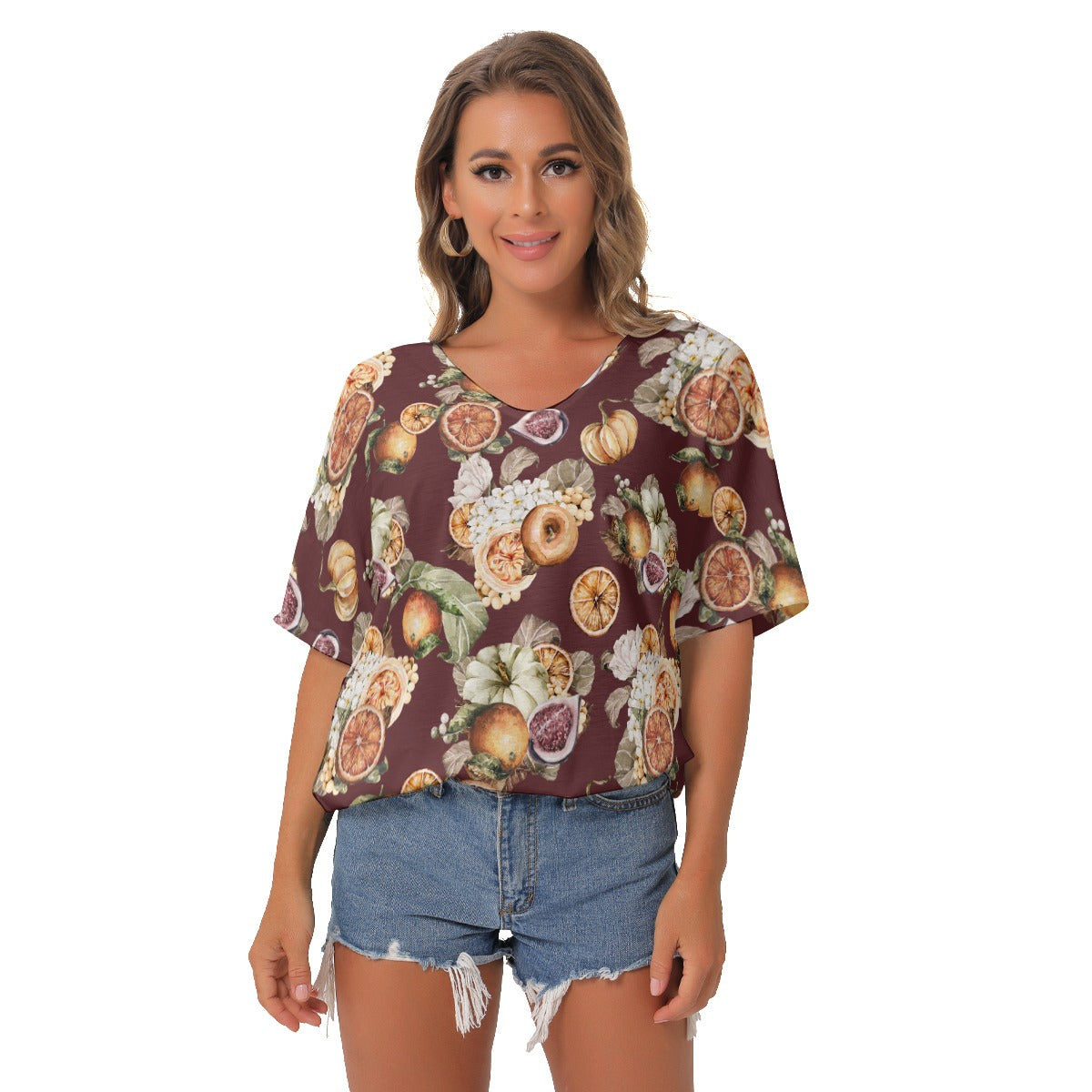Miss Old Towne Orange Women's Bat Sleeves V-Neck Blouse