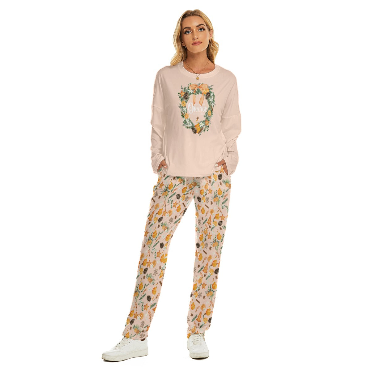 "Orange for the Holidays" - Women's Pajama Suit in Light Peach