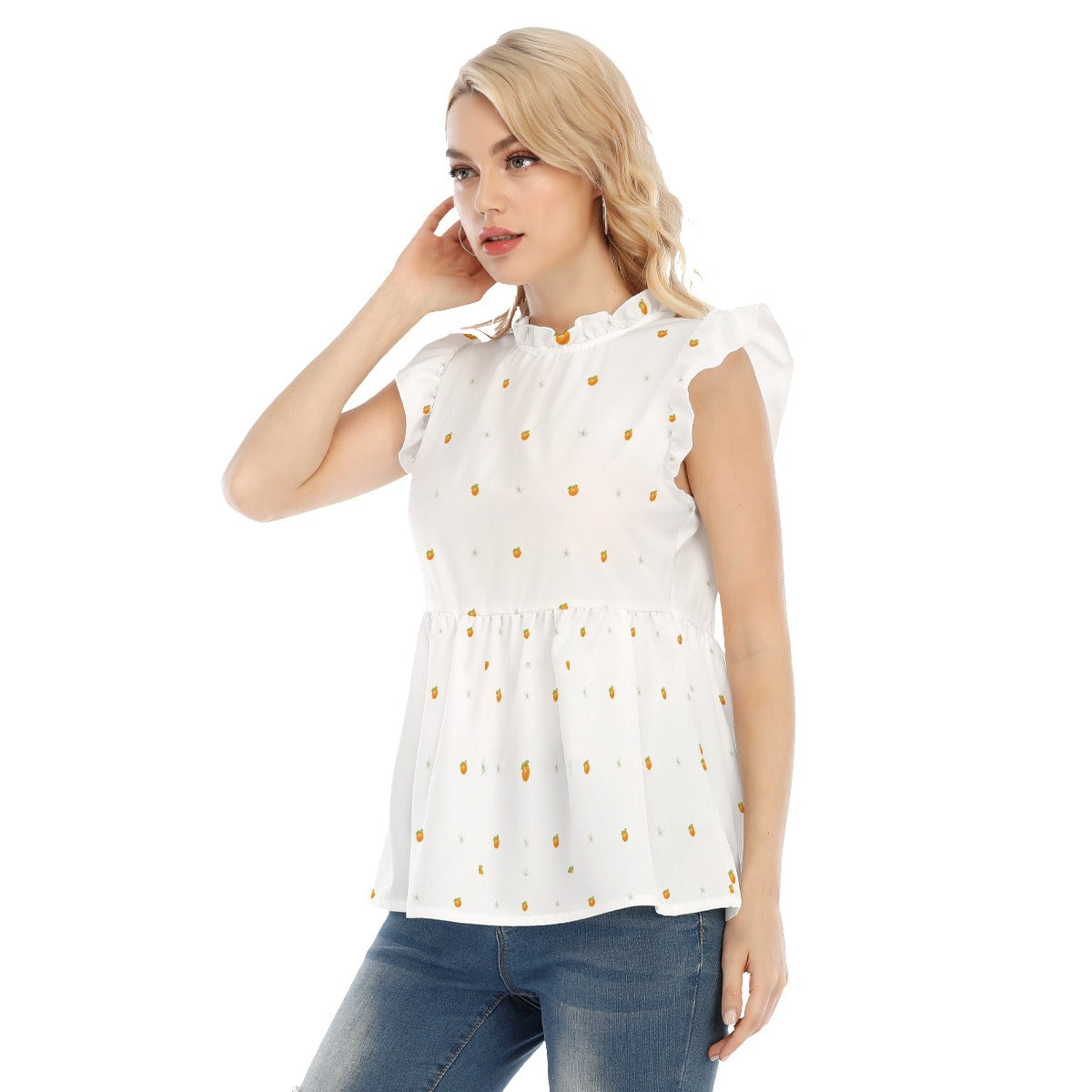 Orange Blossoms Women's Blouse With Lotus Leaf Lace