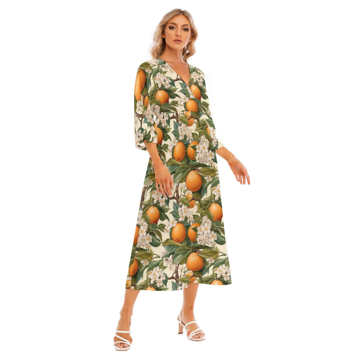 Botanical Citrus Women's Mid-Sleeve Long Dress