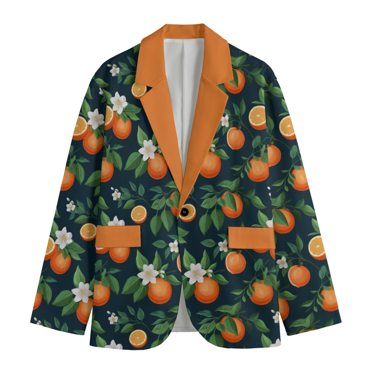 Navy Citrus All-Over Print Men's Casual Flat Lapel Collar Blazer