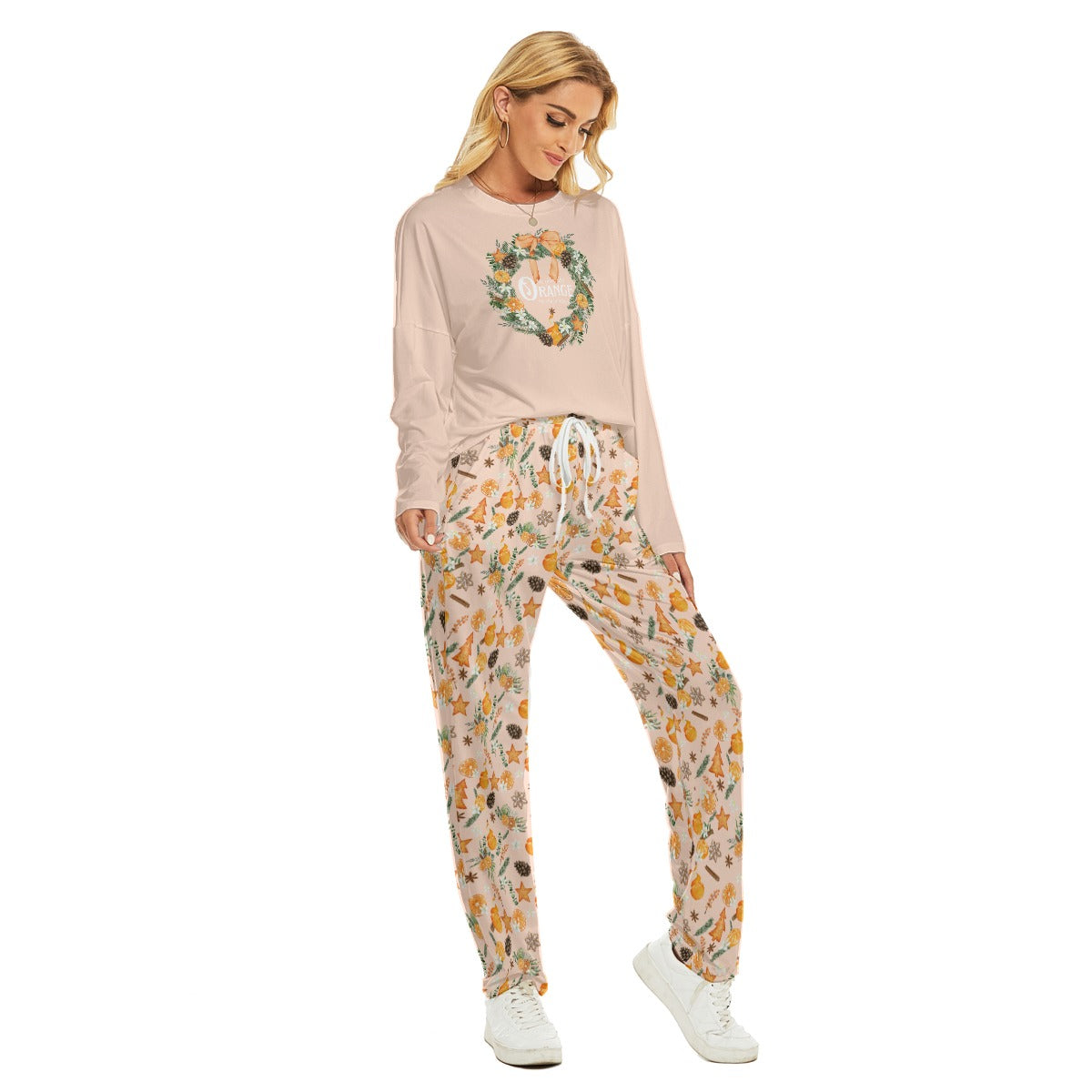 "Orange for the Holidays" - Women's Pajama Suit in Light Peach