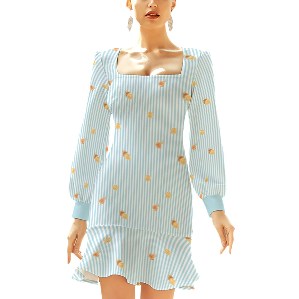 Light Blue Citrus Stripe Women's Ruffle Hem Skinny Dress