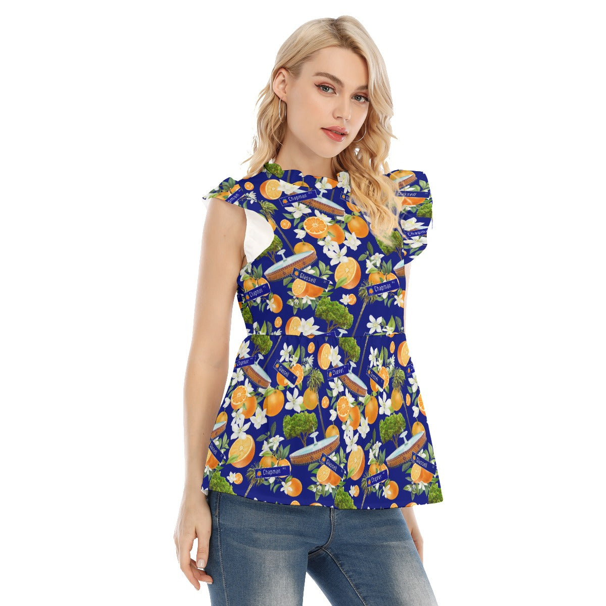 Old Towne Orange Women's Blouse With Lotus Leaf Lace