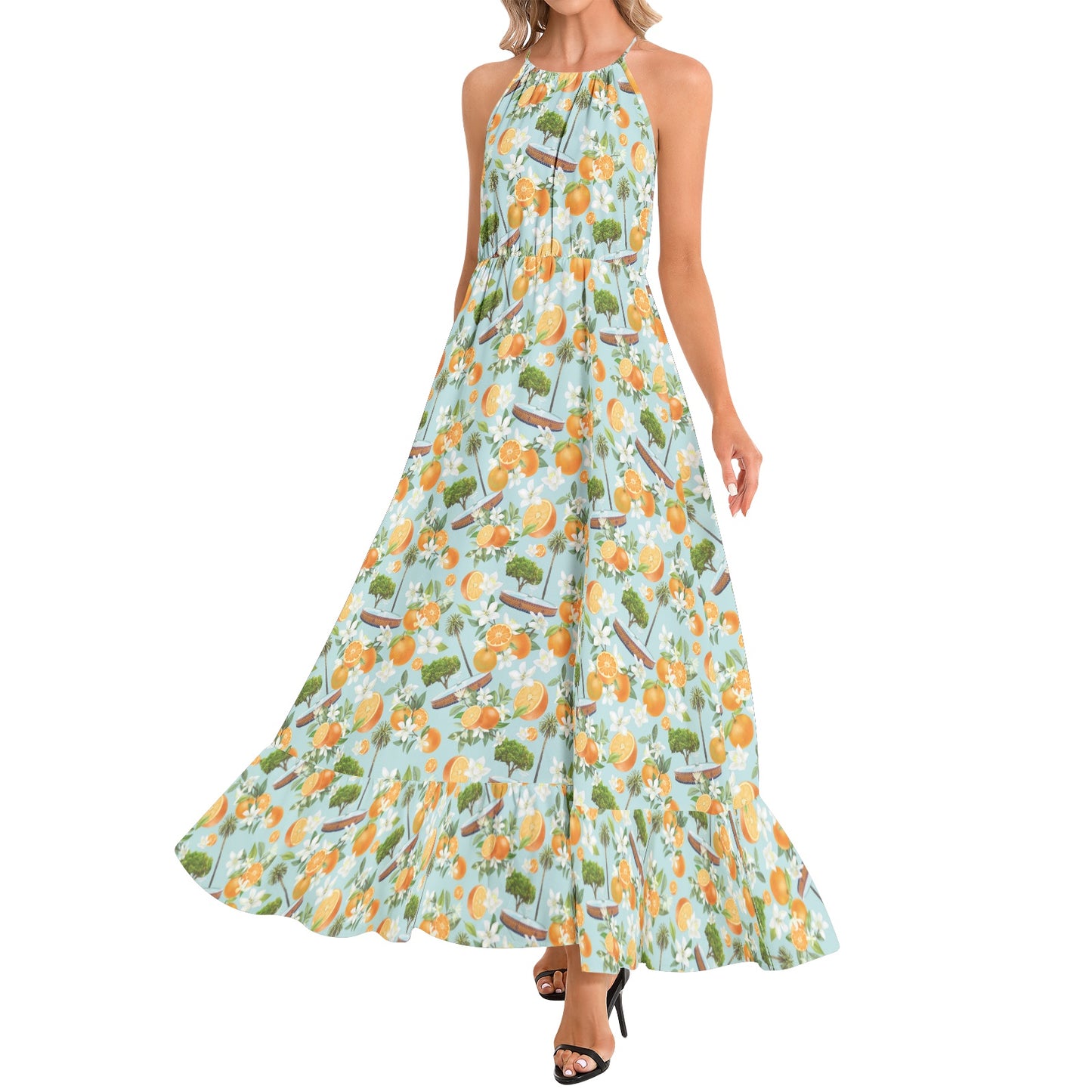 Light Blue Old Towne Orange Ruffle Hem Halter Neck Maxi Dress