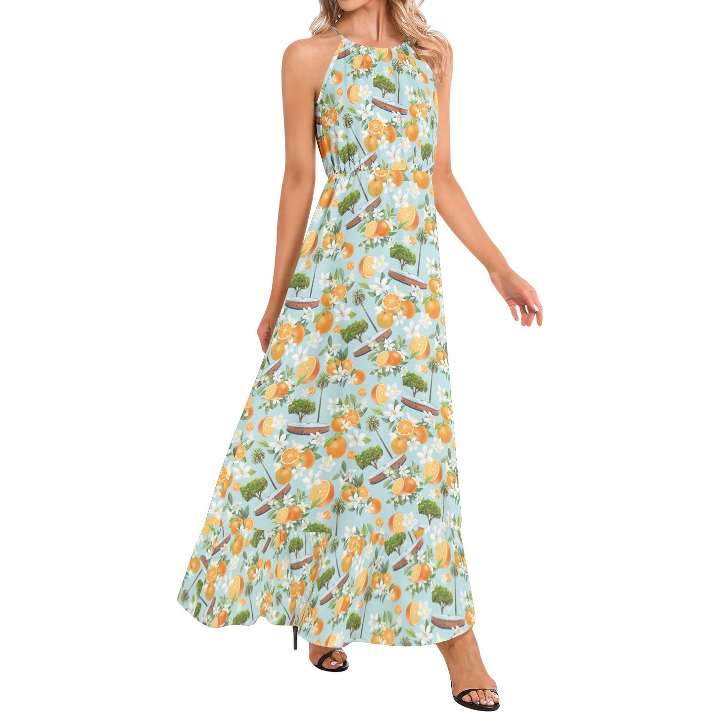 Light Blue Old Towne Orange Ruffle Hem Halter Neck Maxi Dress