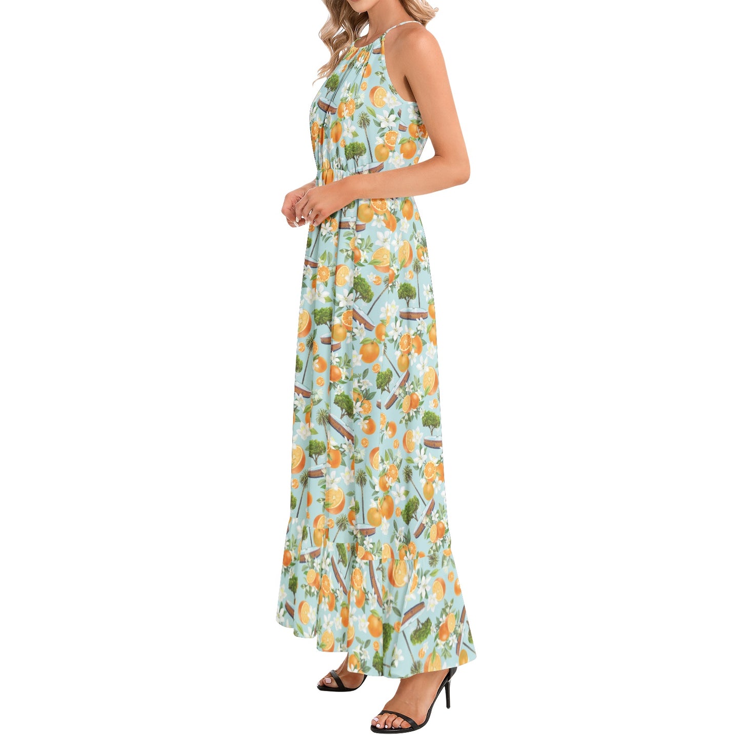 Light Blue Old Towne Orange Ruffle Hem Halter Neck Maxi Dress