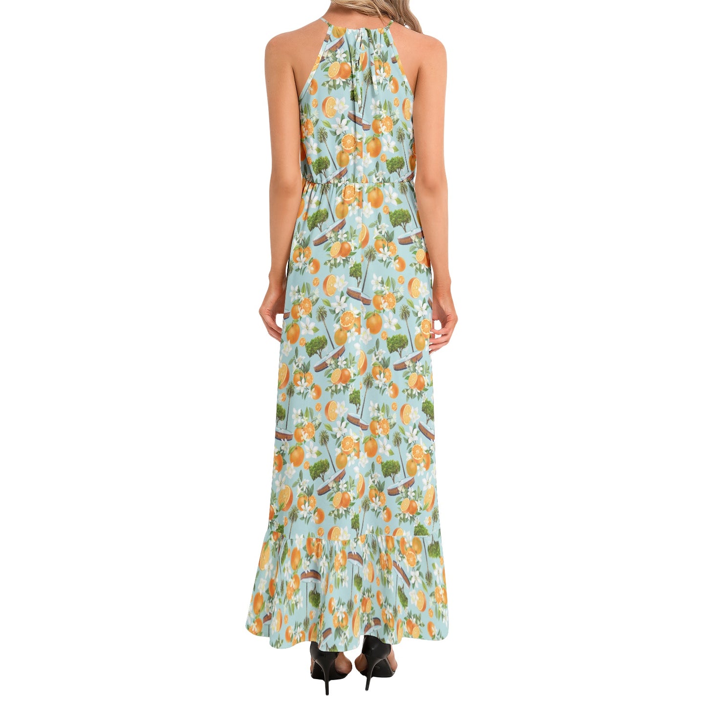 Light Blue Old Towne Orange Ruffle Hem Halter Neck Maxi Dress