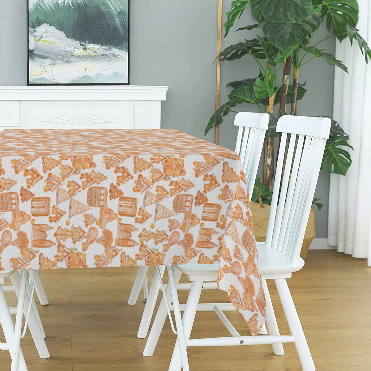 Old Towne Orange Gingerbread Village Linen Tablecloth