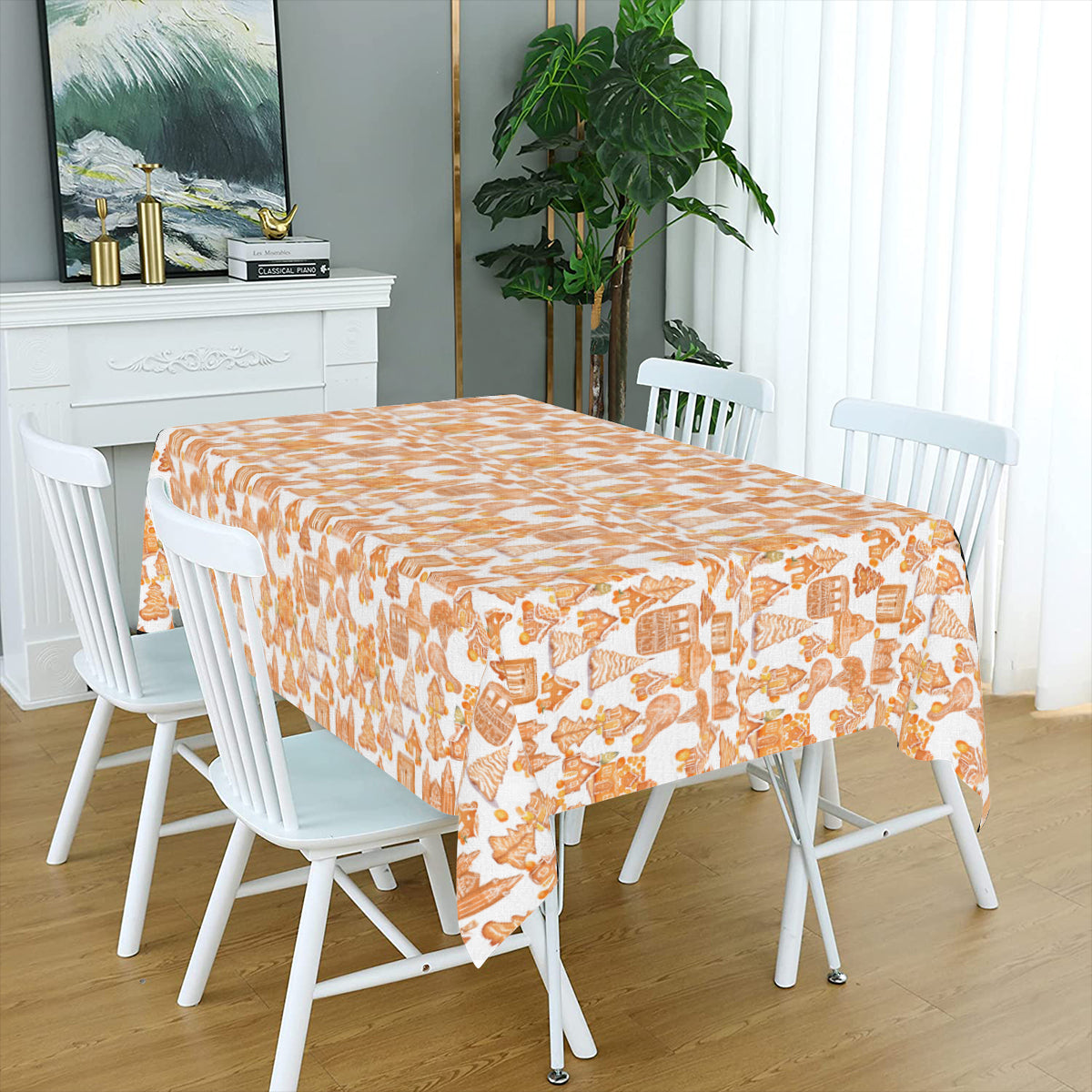 Old Towne Orange Gingerbread Village Linen Tablecloth