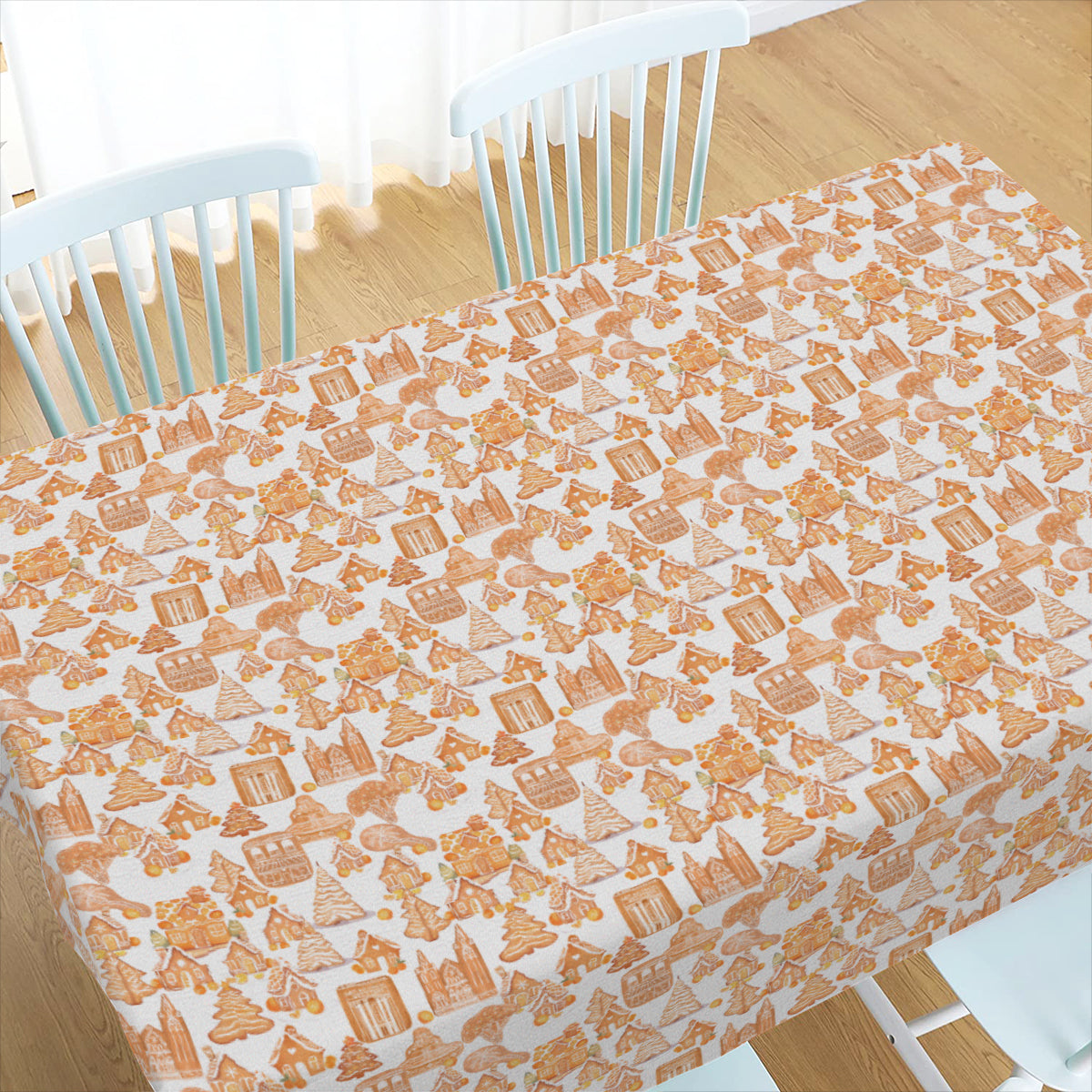 Old Towne Orange Gingerbread Village Linen Tablecloth