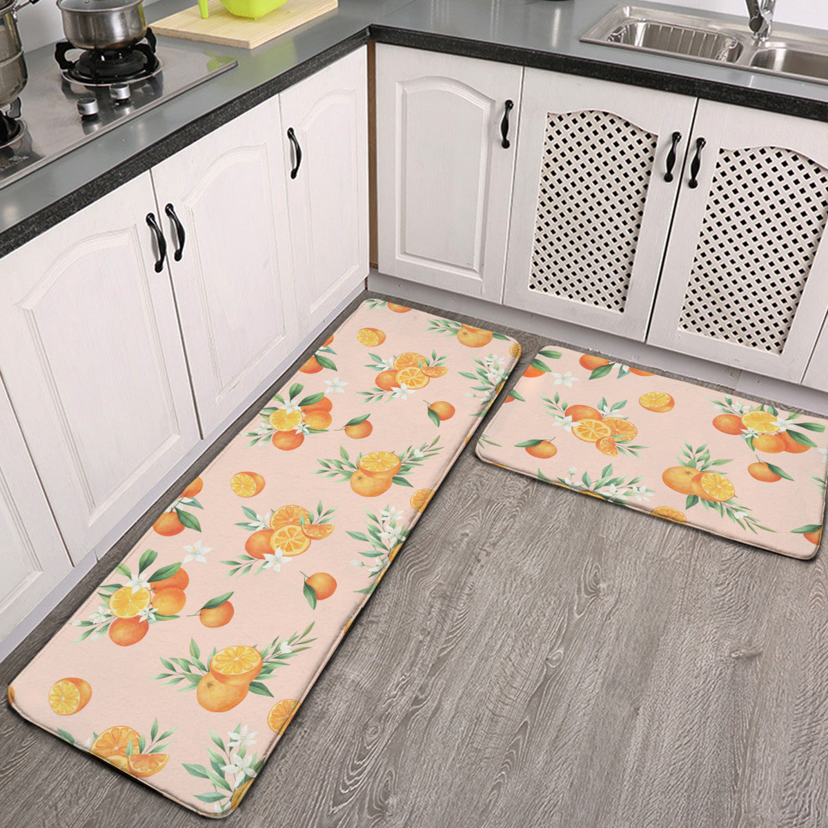 Orange Floral Kitchen Mats in Pink