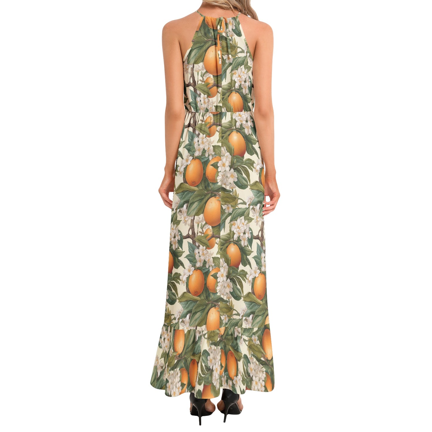 Botanical Citrus Ruffle Hem Halter Neck Maxi Dress