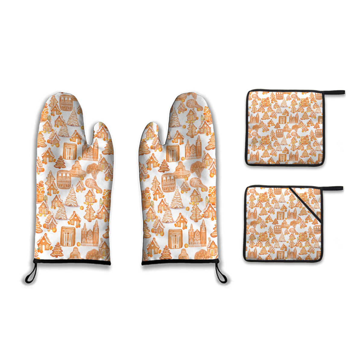Old Towne Orange Gingerbread Village Oven Mitt and Pot Holder Set