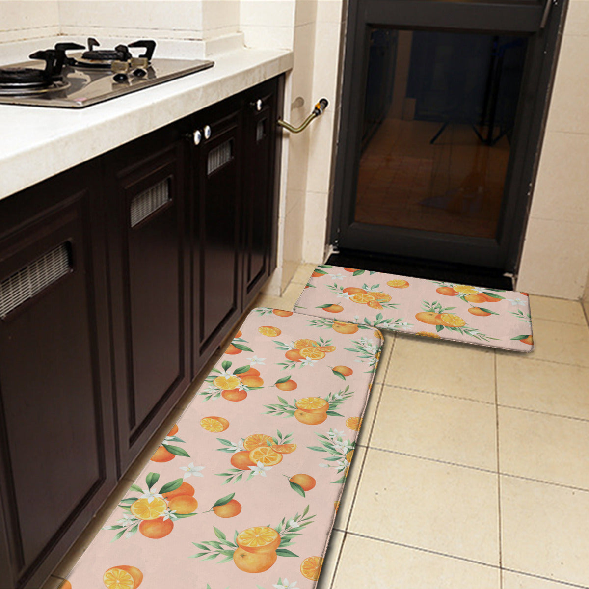 Orange Floral Kitchen Mats in Pink