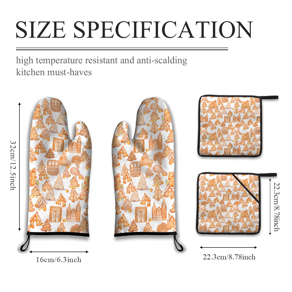 Old Towne Orange Gingerbread Village Oven Mitt and Pot Holder Set