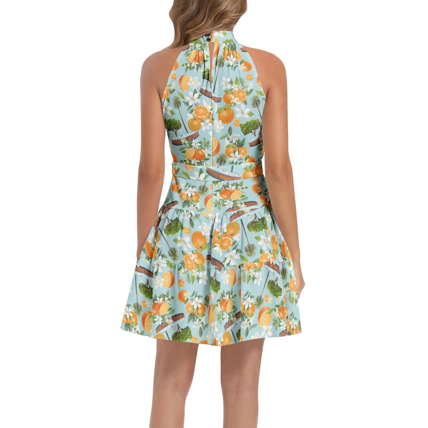 Light Blue Old Towne Orange Hem Belted Halter Dress