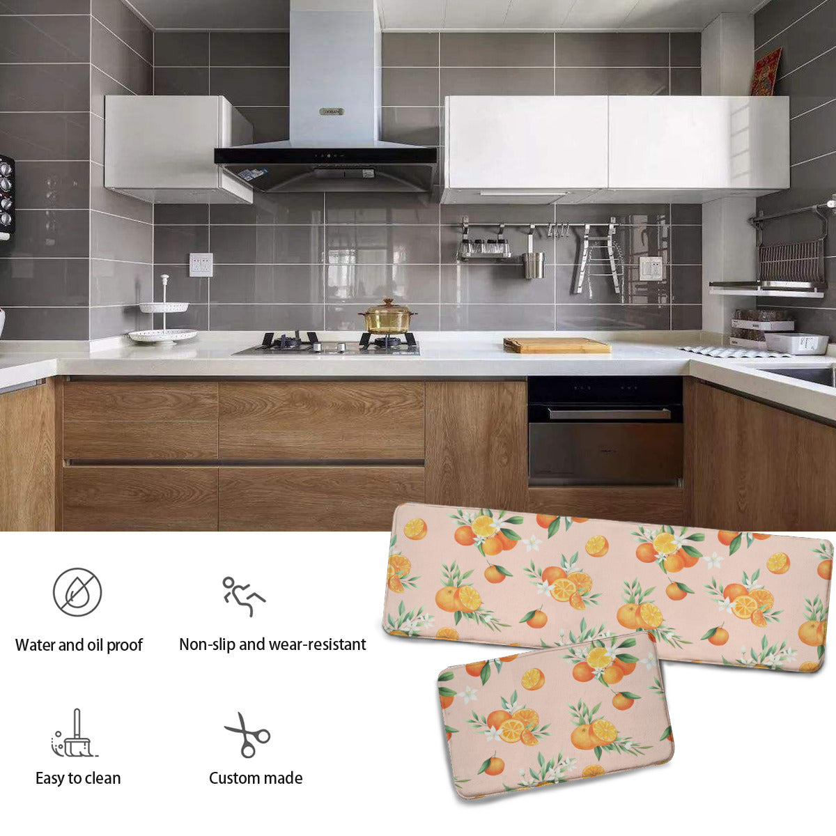 Orange Floral Kitchen Mats in Pink