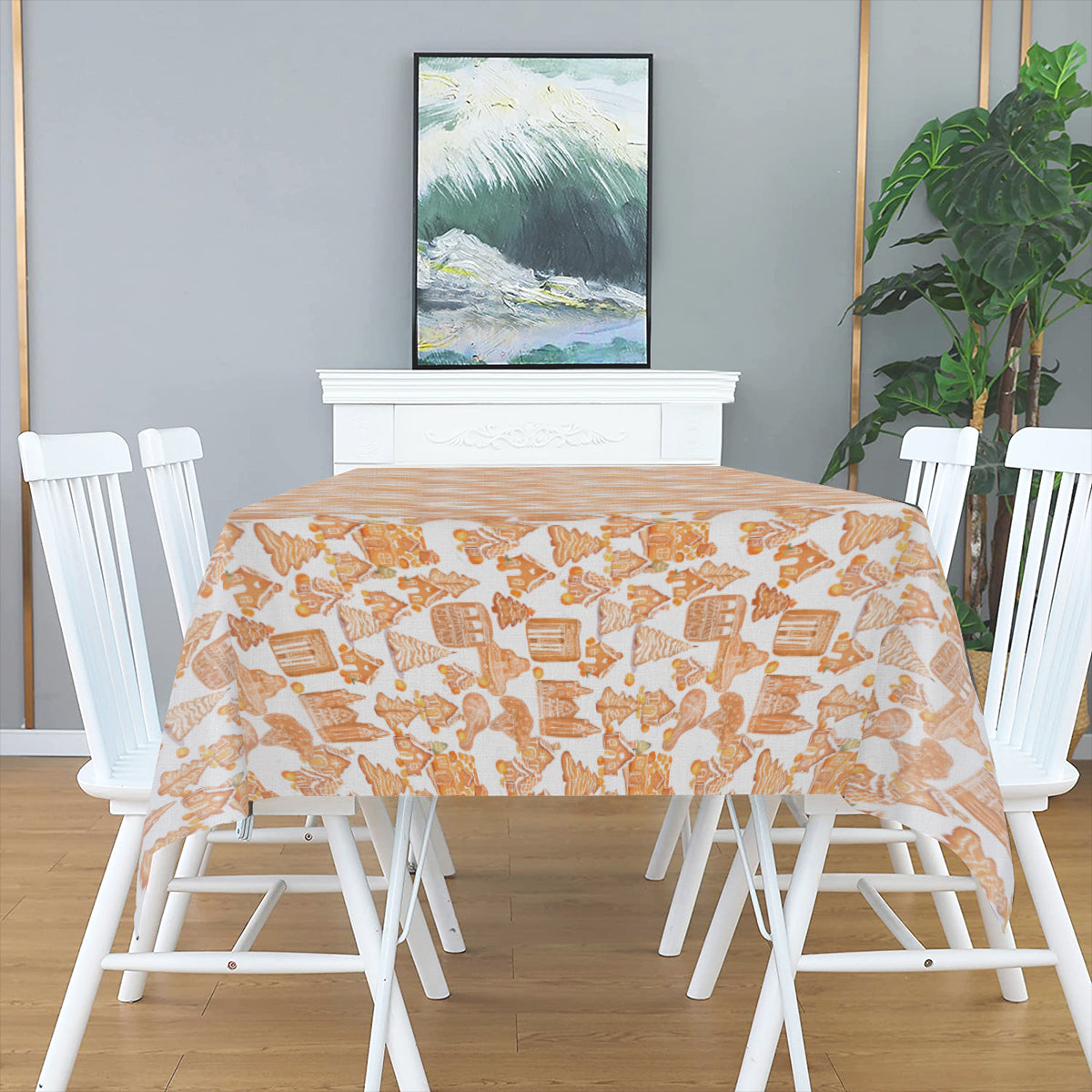 Old Towne Orange Gingerbread Village Linen Tablecloth