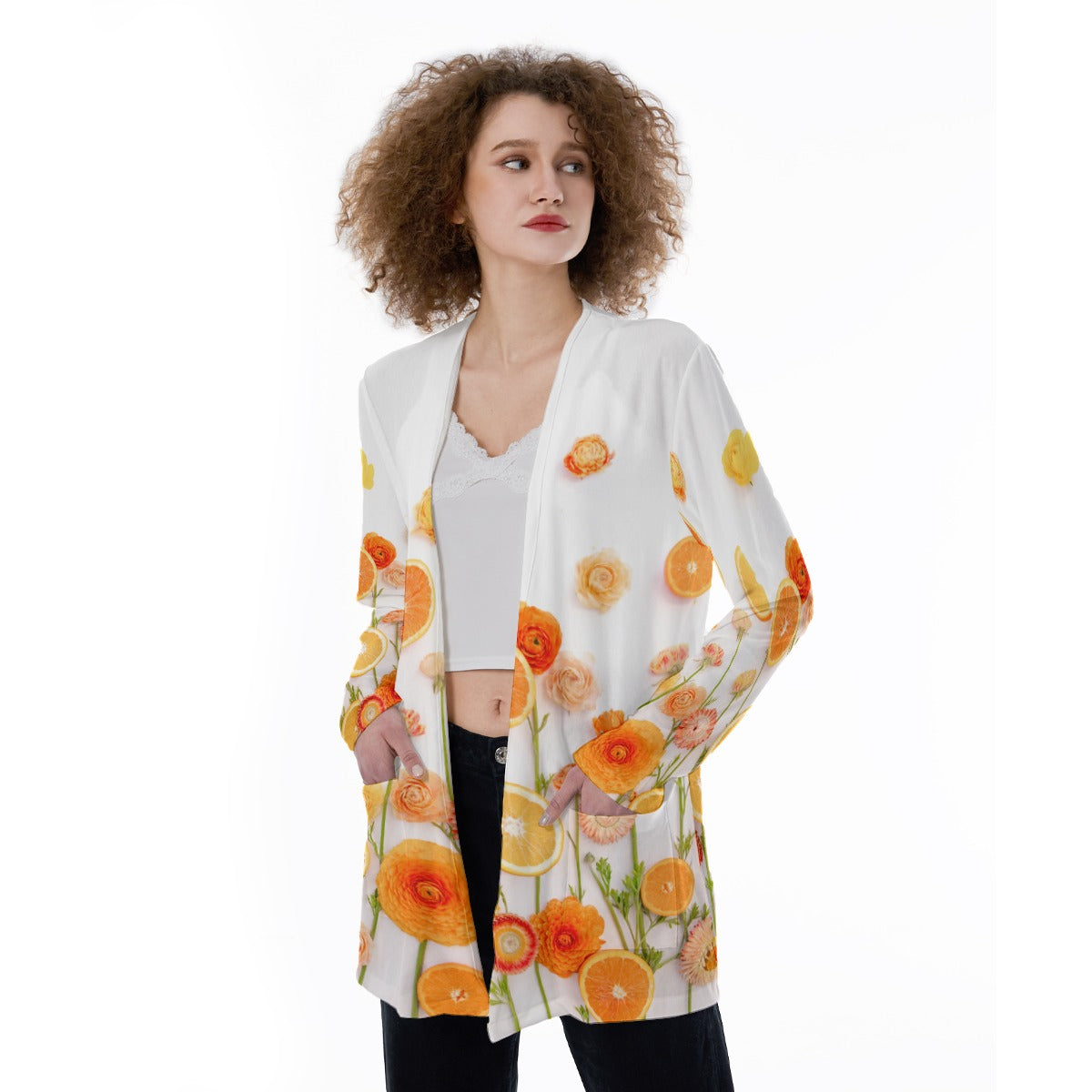 Floral Cara Cara All-Over Print Women's Patch Pocket Cardigan