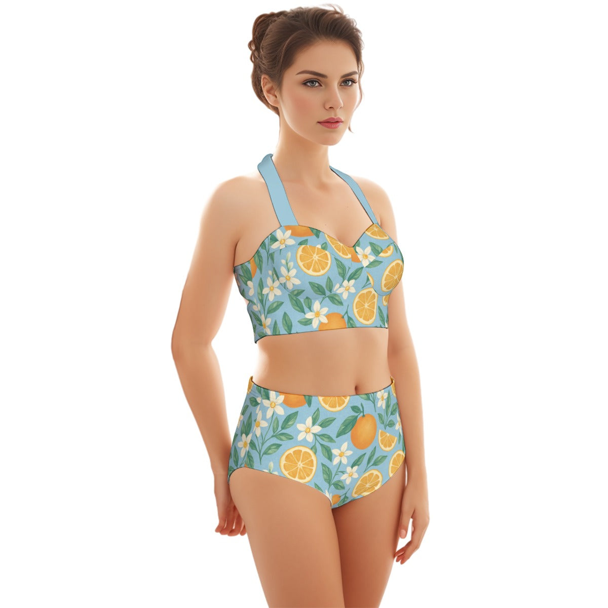 Playful Orange Blossoms Women's Swimsuit Set With Halter