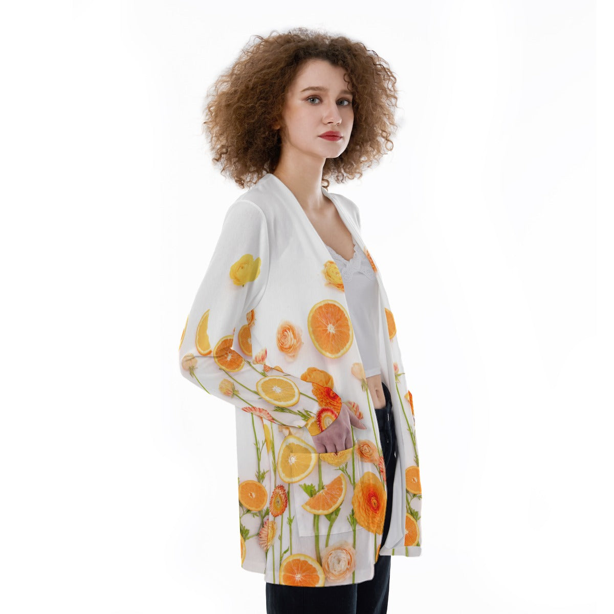 Floral Cara Cara All-Over Print Women's Patch Pocket Cardigan