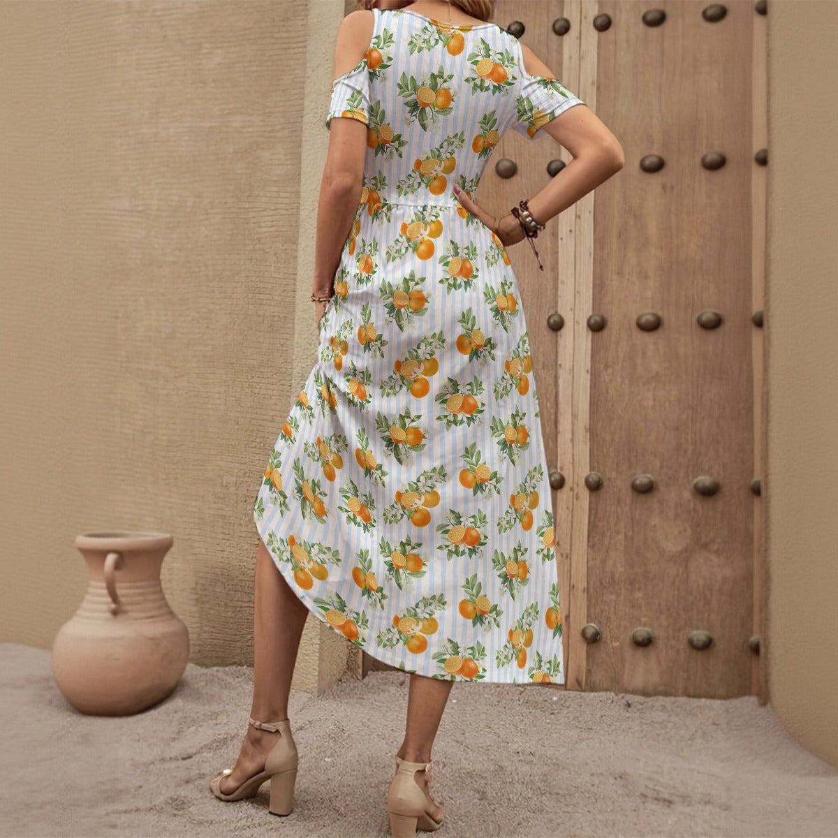 French Citrus Women's V-neck Off-shoulder Dress