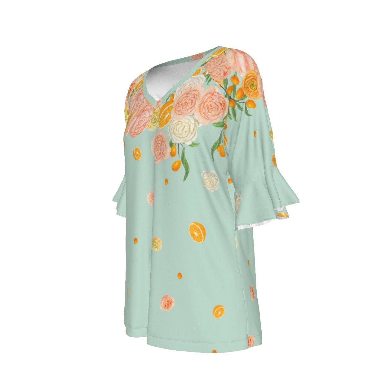 Citrus Blossom V-neck Women's T-shirt With Bell Sleeve in Mint